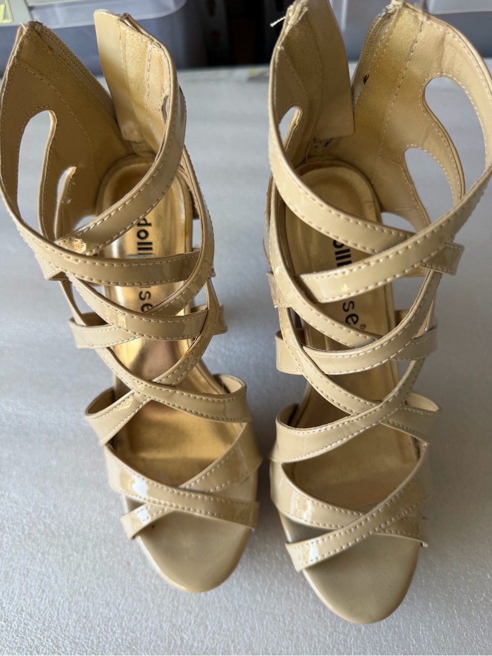 Dollhouse Nude Patent Strappy High Heel Sandals